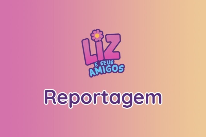 Ilustração em degradée com a palavra Reportagem e o logotipo da Liz.