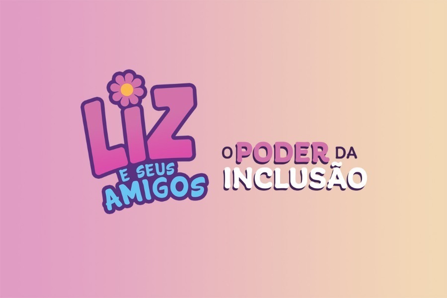 Ilustração em degradée com o logotipo da Liz e seus amigos, o poder da inclusão.