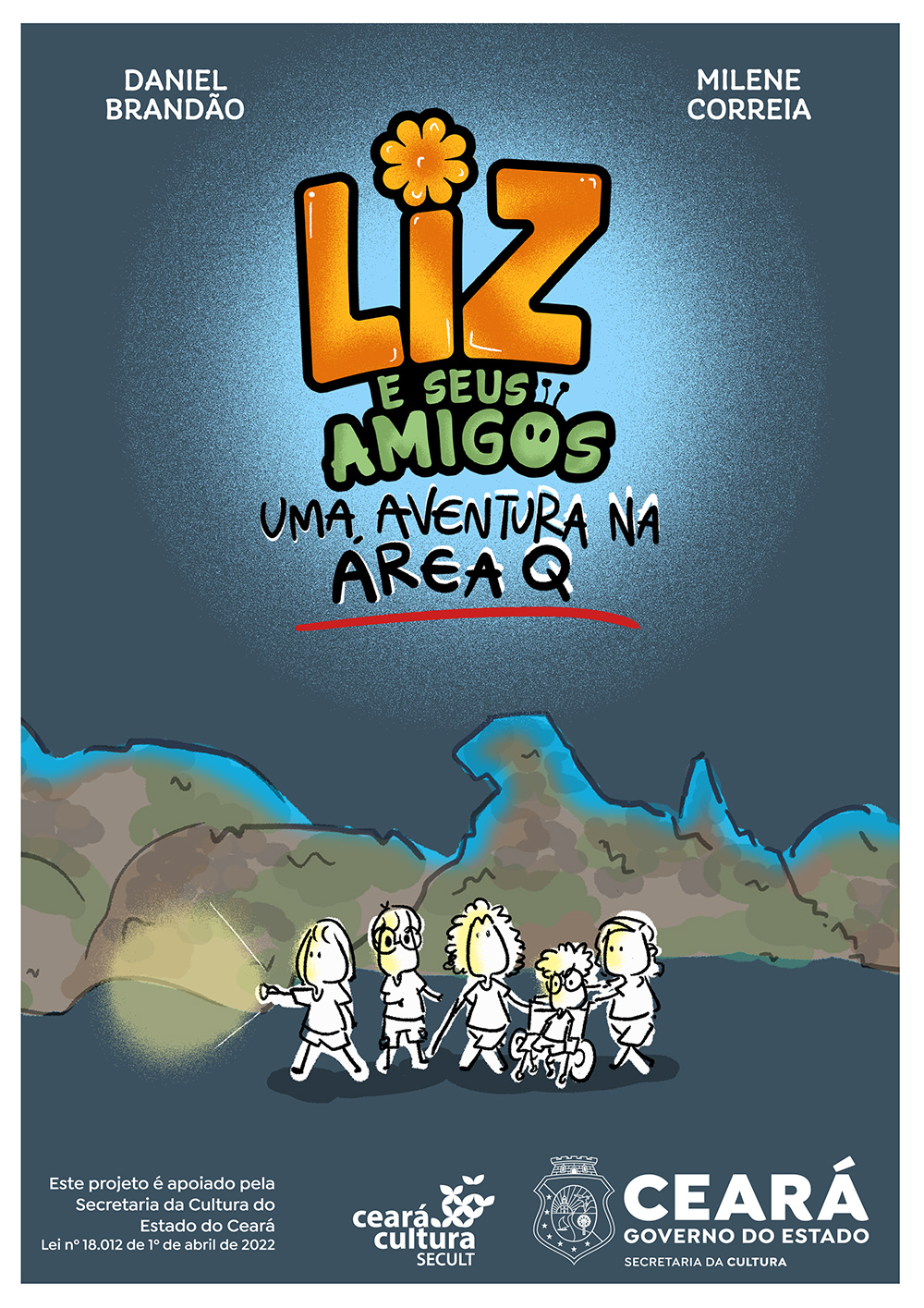 Capa do livro. crianças com e sem deficiência caminham à noite próximo a montanhas com uma lanterna.