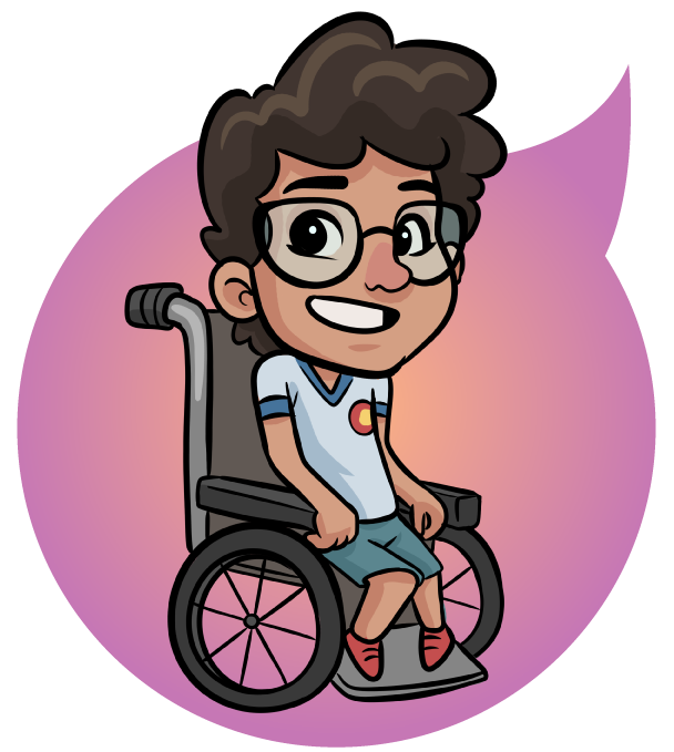Emylle sorri em sua cadeira de rodas, veste óculos, camiseta e shorts. Atrás, balão de diálogo rosa.