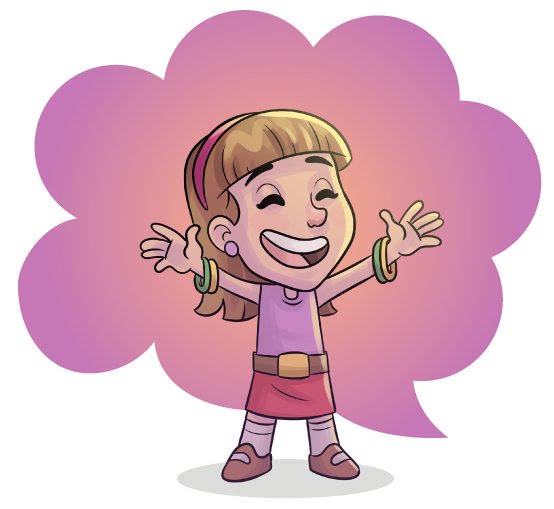 Liz sorri, de olhos fechados e braços abertos à frente de um balão de diálogo rosa.